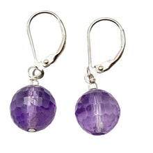 Load image into Gallery viewer, Faceted 10mm Amethyst 925 Sterling Silver Drop/Dangle Lever Back Earrings
