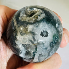 Load image into Gallery viewer, Moss Agate Druzy Quartz Crystal Meditation Sphere | 62mm | Green/White | 1 |
