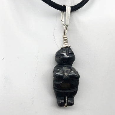 Hand Carved Hematite Goddess of Willendorf Sterling Silver Pendant| 1 1/2