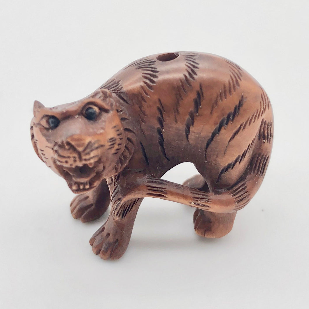 Roar 1 Fierce Carved Boxwood Tiger Ojime/Netsuke Bead | 21x25x16mm | Brown - PremiumBead Primary Image 1