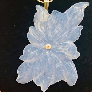 Hand Carved Blue Chalcedony Flower Sterling Silver Pendant! | 2 1/2" Long |