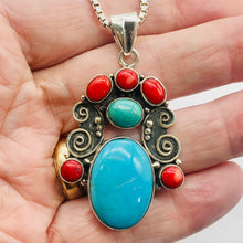 Load image into Gallery viewer, Turquoise Coral Native American Sterling Silver Pendant| 2 1/2&quot; Long| Blue]Red |
