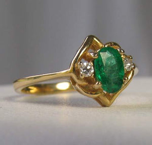 Oval Emerald & Diamonds Solid 14Kt Yellow Gold Solitaire Ring Size 5 9982Ar - PremiumBead Alternate Image 2