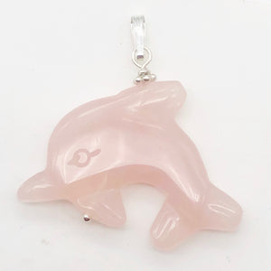 Rose Quartz Carved Dolphin Sterling Silver Pendant | 1.5 Inch | Pink |