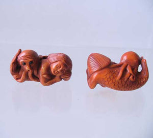 Hand Carved Boxwood Mermaid & Octopus Ojime/Netsuke Bead - PremiumBead Primary Image 1