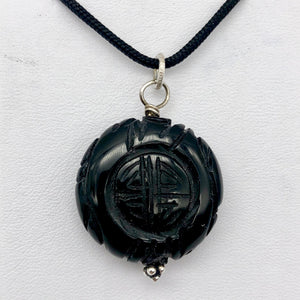 Carved Long Life Obsidian Coin Bead Sterling Silver Pendant - PremiumBead Alternate Image 6