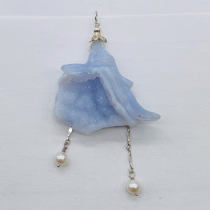 Blue Chalcedony Druzy Carved Flower Sterling Silver Pendant | 2 1/2" Long| Blue|