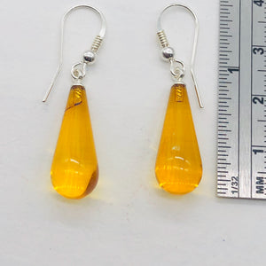 Amber Teardrop Shaped Sterling Silver Earrings | 1 1/2" Long | Orange | 1 Pair |