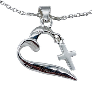 Faith, Hope, Love Heart Cross Sterling Silver Pendant | 1" Long| Silver| 1 |