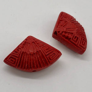 Cinnabar Carved Fan Beads | 25x15x10 mm | Red | 2 Beads |