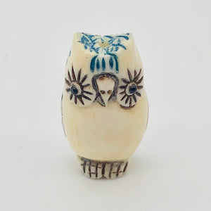 Wise Owl Carved Bone 25x15x10mm Bead 10746 | 25x15x10mm | Cream, Blue and Black - PremiumBead Primary Image 1