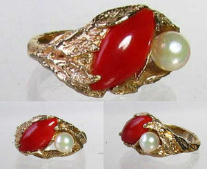 Natural Red Coral & Pearl Carved Solid 14Kt Yellow Gold Ring Size 5.75 9982D - PremiumBead Primary Image 1