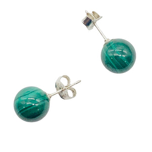 Malachite 8mm Sterling Silver Stud Ball Earrings | 8mm | Green | 1 Earrings