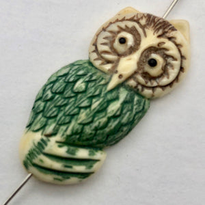 Waterbuffalo Bone Owl | 31.5x14x4.5mm | Green/Brown/Cream | 1 Bead - PremiumBead Primary Image 1