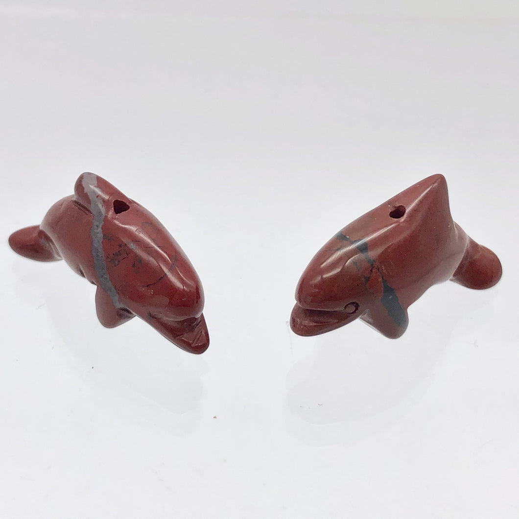 2 Carved Brecciated Jasper Jumping Dolphin Beads | 26x13.5x7.5mm | Red/Grey - PremiumBead Primary Image 1