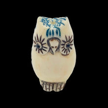 Load image into Gallery viewer, Wise Owl Carved Bone 25x15x10mm Bead 10746 | 25x15x10mm | Cream, Blue and Black
