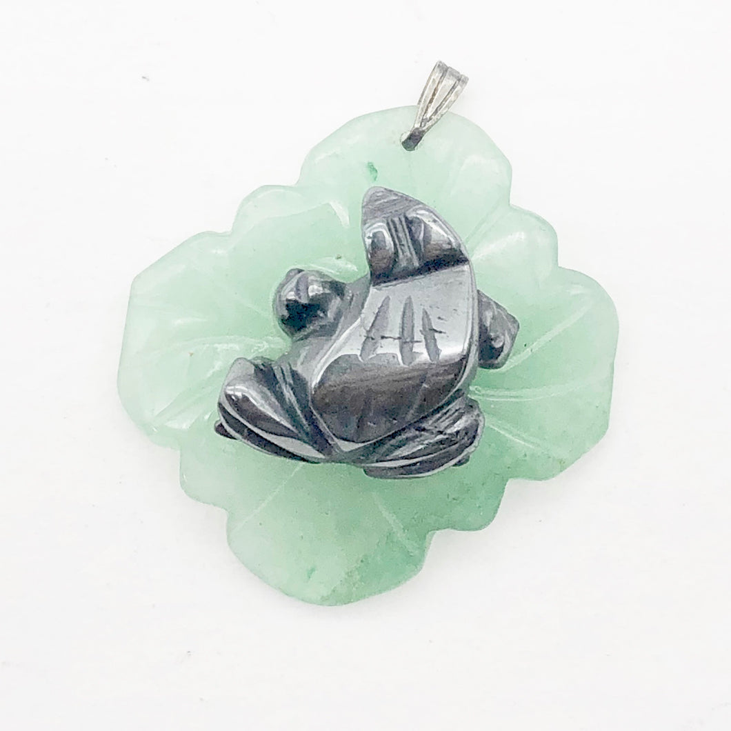 Ribbit Hematite Frog On Aventurine Lily pad Pendant | 28x28.5x11mm |