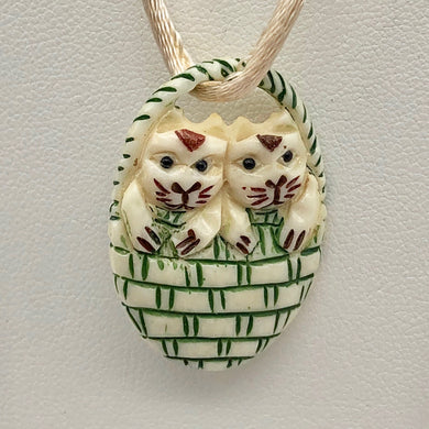 Twin Carved Kitty Cats in a Basket Waterbuffalo Bone Bead 10754 | 30x21x5mm | cream, black and green - PremiumBead Primary Image 1
