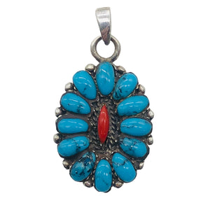 Turquoise Coral Sterling Silver Blossom Pendant | 1 1/4" Long | Blue/Red |