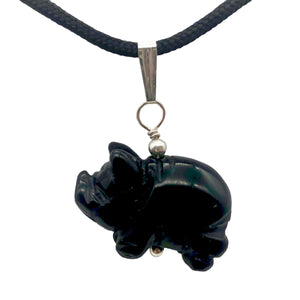 Black Obsidian Pig Pendant Necklace |Semi Precious Stone Jewelry|Silver Pendant|