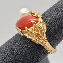 Load image into Gallery viewer, Natural Red Coral &amp; Pearl Carved Solid 14Kt Yellow Gold Ring Size 5.75 9982D - PremiumBead Alternate Image 10
