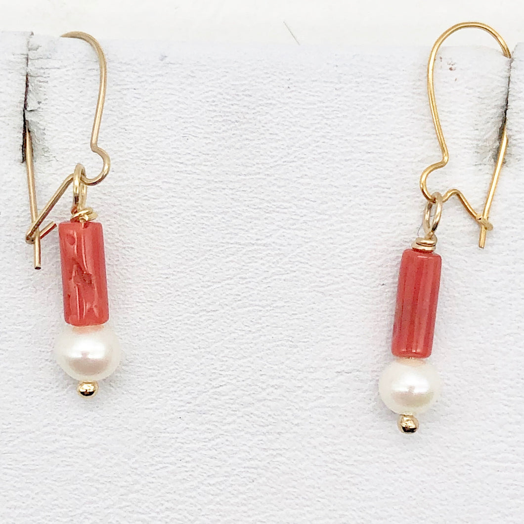 14Kgf Red Coral and Fresh Water Pearl Earrings | 1 Inch Long | - PremiumBead Primary Image 1