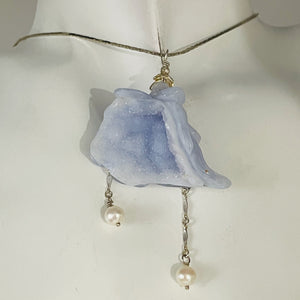 Blue Chalcedony Druzy Carved Flower Sterling Silver Pendant | 2 1/2" Long| Blue|
