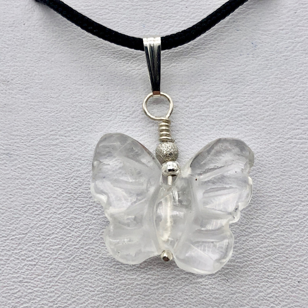 Flutter Carved Quartz Butterfly Sterling Silver Pendant | 1 1/4