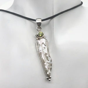 Exotic! Biwa Pearl Pendant Necklace with Peridot in Sterling Silver Setting - PremiumBead Primary Image 1
