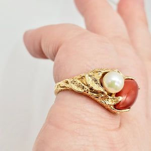 Natural Red Coral & Pearl Carved Solid 14Kt Yellow Gold Ring Size 5.75 9982D - PremiumBead Alternate Image 2