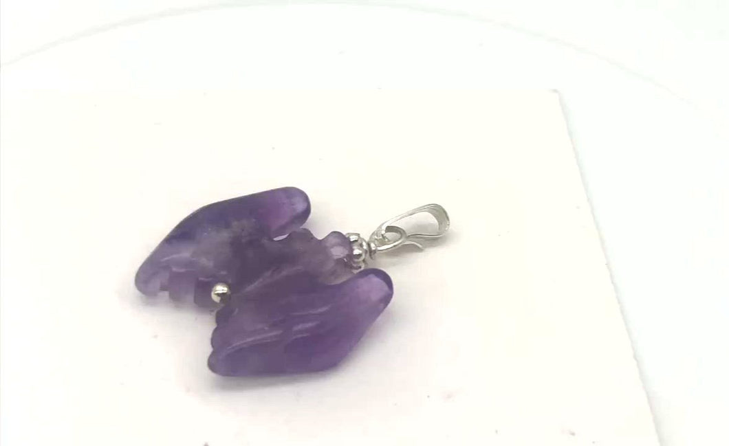 Carved Amethyst Bat Sterling Silver Pendant | 1 inch long | Purple |