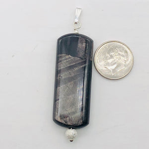 Hypersthene, Flat Rounded Rectangle Dangle Pendant| 2 1/2 ' Long | Black/Silver|