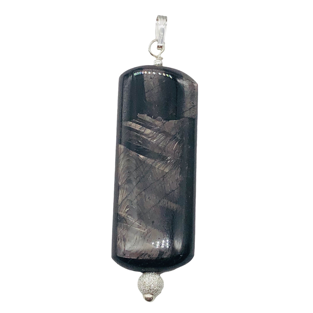 Hypersthene, Flat Rounded Rectangle Dangle Pendant| 2 1/2 ' Long | Black/Silver|