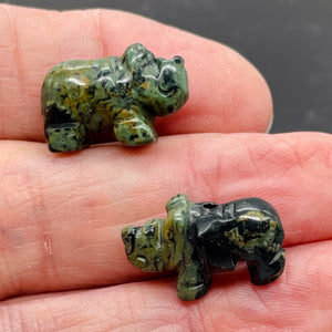2 Green Black Rhino Carved Rhinoceros Kambaba Jasper Beads | 20x13x8mm | Green Black