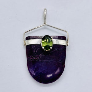 Sugilite Peridot Sterling Silver Oval Pendant | 1 1/2" Long | Purple Green | 1 |