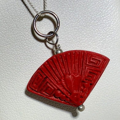 Smoldering Hand Carved Red Cinnabar Fan & Silver Pendant 507546S - PremiumBead Primary Image 1