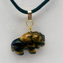 Load image into Gallery viewer, Tigereye Hand Carved Bison / Buffalo 14Kgf Pendant | 21x14x8mm (Bison), 5.5mm (Bail Opening), 1&quot; (Long) | Gold/Brown - PremiumBead Alternate Image 6
