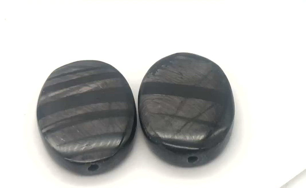 Sexy! Hypersthene Focal Beads |24x18x5mm | Silver -black | Oval | 2 beads |