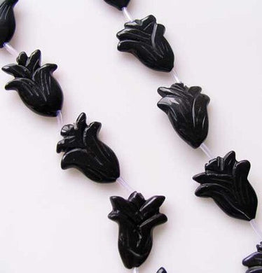 Hand Carved Black Obsidian Flower Bead 8 inch Strand 10192HS - PremiumBead Primary Image 1
