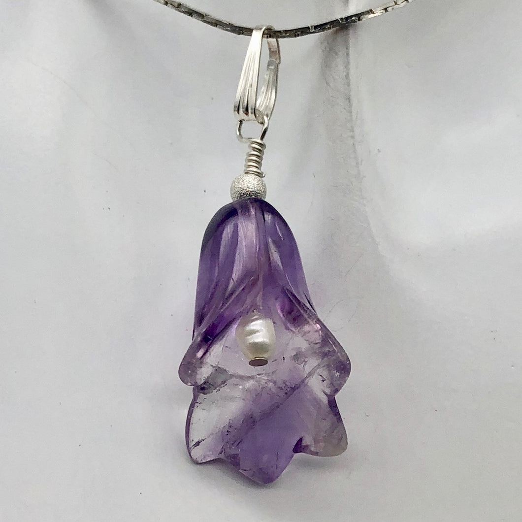 Lily! Natural Hand Carved Amethyst Flower Sterling Silver Pendant - PremiumBead Primary Image 1