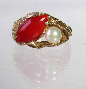 Natural Red Coral & Pearl Carved Solid 14Kt Yellow Gold Ring Size 5.75 9982D - PremiumBead Alternate Image 5