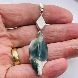 Jasper Sterling Silver Leaf Pendant | 2 3/4" Long | Green/White | 1 Pendant |