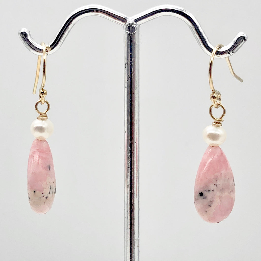 Teardrop Rhodochrosite and Pearl Drop 14K Gold Filled Earrings | 1 1/2