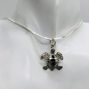 Turtle in Sterling Silver with Onyx Accent Pendant | 1 1/4" Long | Silver |