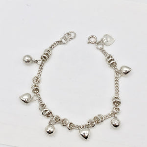 Love! Hearts & Bells Sterling Silver Charm Bracelet 6 3/4 inch Length - PremiumBead Primary Image 1