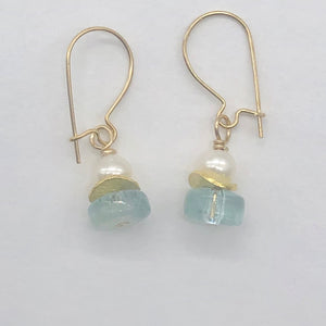 Aquamarine Pearl Drop 14K Gold Filled Earrings| 1 " Long | Blue White | 1 Pair |