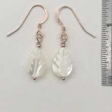 Load image into Gallery viewer, Shimmer! Carved Mother of Pearl 14K Rose Gold Filled Leaf Earrings| 1 1/4&quot; Long|
