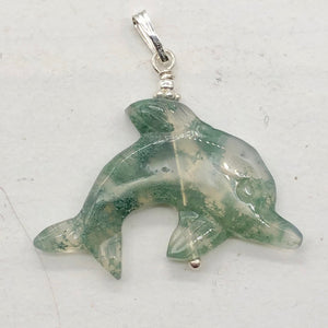 Moss Agate Dolphin Sterling Silver Pendant | 1 1/2" Long | Green | 1 Pendant |