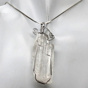 Kunzite Wire-Wrap Clear Crystal Sterling Silver Pendant | 2 1/4 Inch Long |