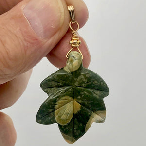 Ryolite RainForest Jasper Leaf 14K Gold Filled| 1.75 |Green/White/Gold|1 Pendant